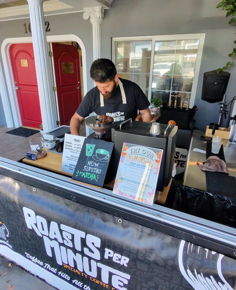 Close-up of a specialty latte from Roasts Per Minute